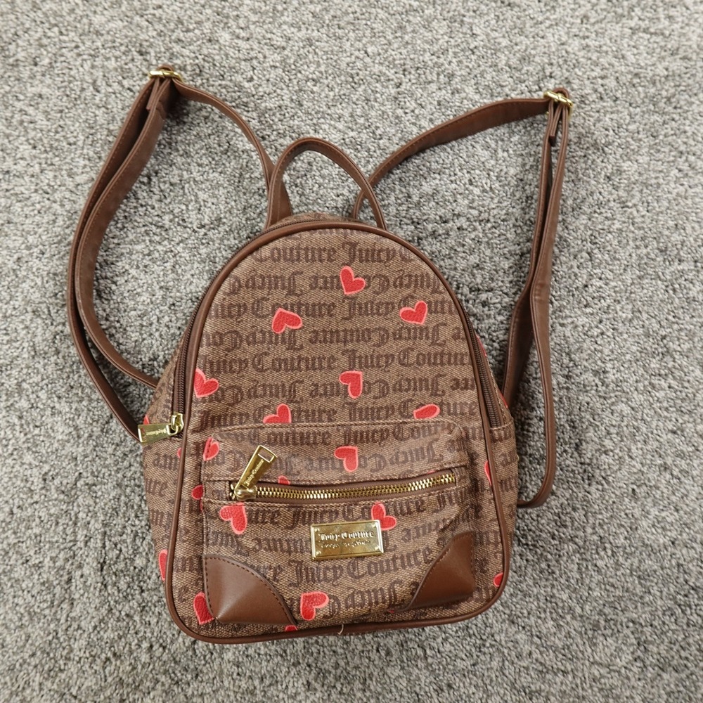 JUICY COUTURE Purse Backpack Hand Bag Adjustable Brown Red Heart Spell Out Y2K